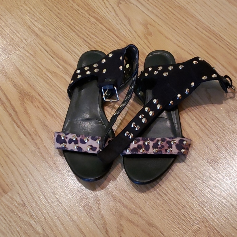 Black and cheetah print studded sandals